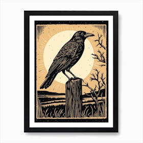 B&W Bird Linocut Crow 1 Art Print