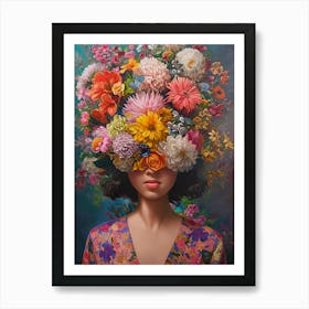 Portrait Woman Flowers Pink Purple FLoral Painting Poster Art Print