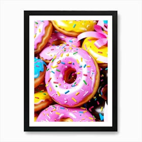 Colorful Donut Pattern Interlaced With Confetti And Ribbons High Saturation Texture Detail On Don (2) Art Print