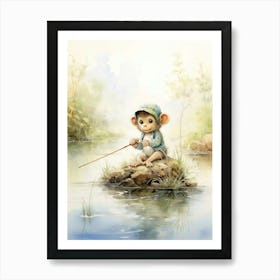 Monkey Painting Fishing Watercolour 2 Art Print
