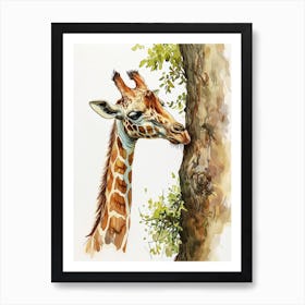 Giraffe By The Tree Watercolour 2 Art Print