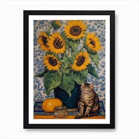 Sunflower With A Cat 4 William Morris Style Art Print