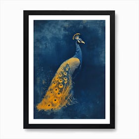 Navy Blue & Orange Portrait Of A Peacock Art Print