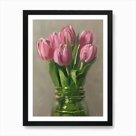 Pink Tulips In A Mason Jar Art Print