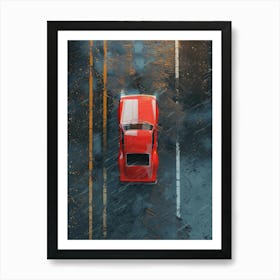 Red Car On The Road In Rain Poster