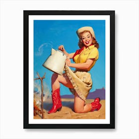 Cowgirl With Kettle, Vintage, Retro Western Aesthetic Art Print