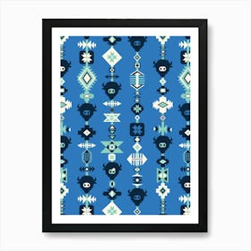 American Buffalo and Aztec Lines Navy, Blue, Aquamarine Art Print