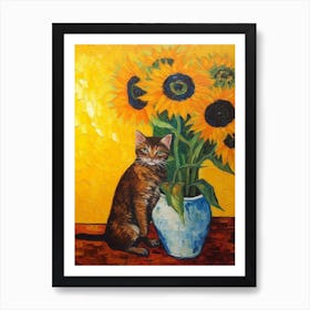 Still Life Of Sunflower With A Cat 1 Art Print