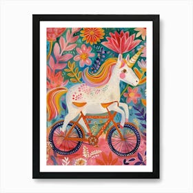 Floral Fauvism Style Unicorn Riding A Bike 2 Art Print