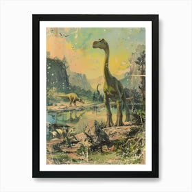 Dinosaur In Jurassic Landscape Vintage Illustration 2 Art Print