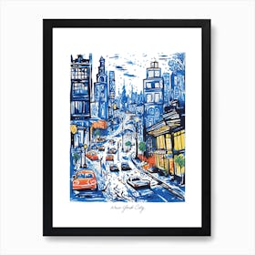 New York Illustration Line Art Travel Blue Art Print