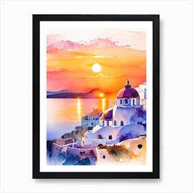 Santorini Greece Water Colour Sunset 4 Art Print