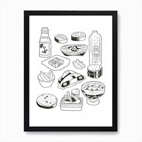 Food Collection Black And White Line Art Art Print