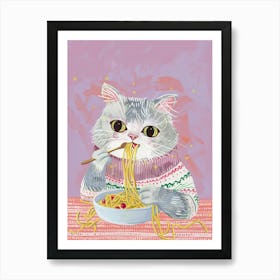 Grey Cat Pasta Lover Folk Illustration 1 Art Print