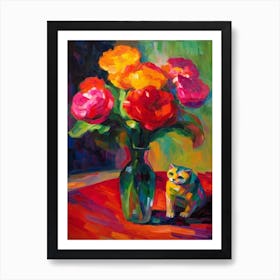 Lisianthus With A Cat 3 Fauvist Style Painting Art Print