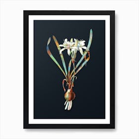 Vintage Sea Daffodil Botanical Watercolor Illustration on Dark Teal Blue n.0478 Art Print