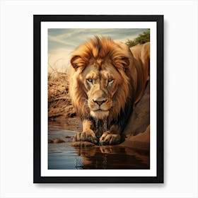 African Lion Drinking From A Stream Realistic 10 Art Print
