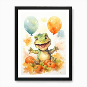 Dinosaur T Rex Flying With Autumn Fall Pumpkins And Balloons Watercolour Nursery 4 Art Print
