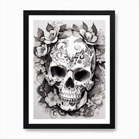 Sugar Skull With Flowers Print Art Print