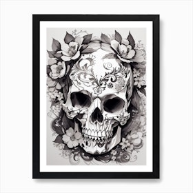 Black and White skull with roses pen drawing Art Print by