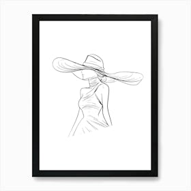 Woman In A Hat Fashion Elegant Minimalist One Line Illustration Art Print