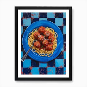 Spaghetti With Meatballs Checkered Blue 3 Art Print