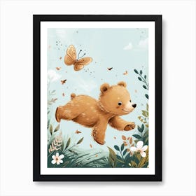 Brown Bear Cub Chasing After A Butterfly Storybook Illustration 2 Art Print