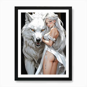 Wild wolf girl — a sexy creature of the night, her primal allure captivates in the white world of erotic manga and female animal fantasy. Art Print