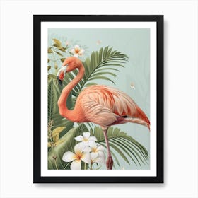 Lesser Flamingo And Frangipani Minimalist Illustration 2 Art Print