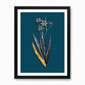 Vintage Blackberry Lily Black and White Gold Leaf Floral Art on Teal Blue n.0384 Art Print