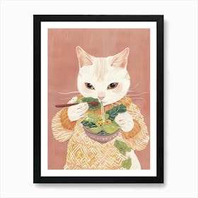 Cute White Tan Cat Eating Salad Folk Illustration 3 Art Print