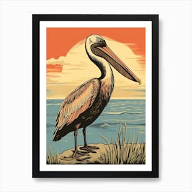 Vintage Bird Linocut Brown Pelican 4 Art Print