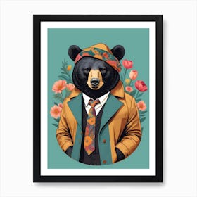 Floral Black Bear Portrait In A Suit (29) Art Print
