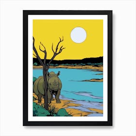 Simple Line Illustration Rhino By The River 5 Art Print