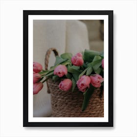 Pink Tulips In A Basket Art Print