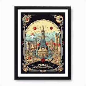 Prague, Czech Republic, Tarot Card Travel  Line Art 3 Art Print