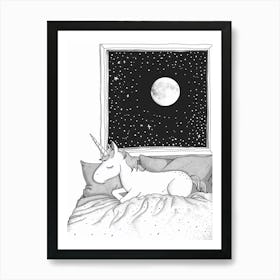 Unicorn Lying In Bed With The Moon Black & White Doodle 1 Art Print