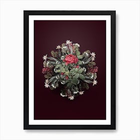 Vintage Red Gallic Rose Flower Wreath on Wine Red n.1244 Art Print