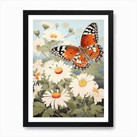 Butterfly With The Daisies Japanese Style Painting Art Print