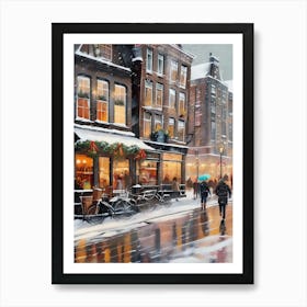 Amsterdam cafes, winter season, Christmas, autumn oil colors, pale colors, pedestrians in the street, winter clothes, falling snow.11 2 Art Print