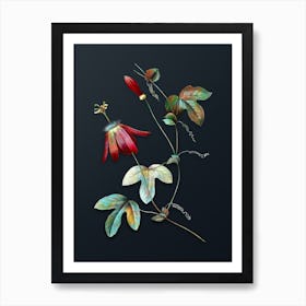 Vintage Red Passion Flower Botanical Watercolor Illustration on Dark Teal Blue Art Print