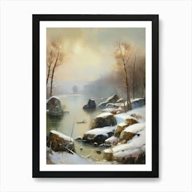 Ancient landscapes, old winter oil paintings and rocks around the lake bank. Snow is falling on the lake, old colors.15 1 Art Print