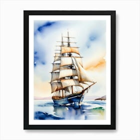 Sailing ship on the sea, watercolor painting 1 Art Print