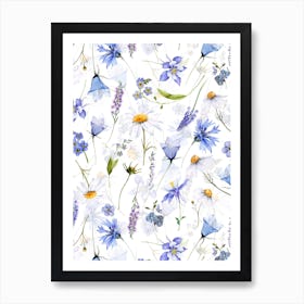 Blue And White Scandinavian Midsummer Wildflowers Meadow Art Print