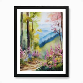 Smoky Mountains Painting, Spring Flowers, Watercolor Art, Appalachian Mountain Landscape Wall Art, Mountain Forest Print..178 Art Print