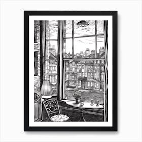 A Window View Of London In The Style Of Black And White  Line Art 3 Art Print