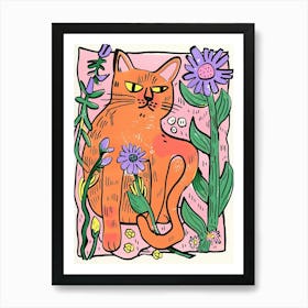 Cute Orange Cat With Flowers Illustration 2 Art Print