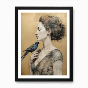 Woman Portrait With A Bird Painting (45) Art Print
