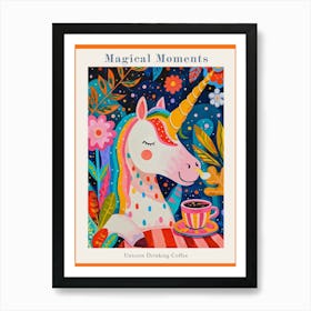Floral Fauvism Style Unicorn Drinking Coffee 2 Poster Art Print
