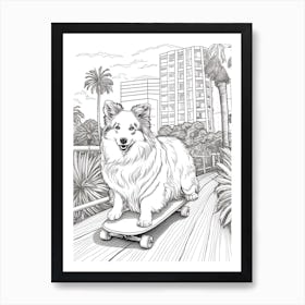 Shetland Sheepdog (Sheltie) Dog Skateboarding Line Art 4 Art Print